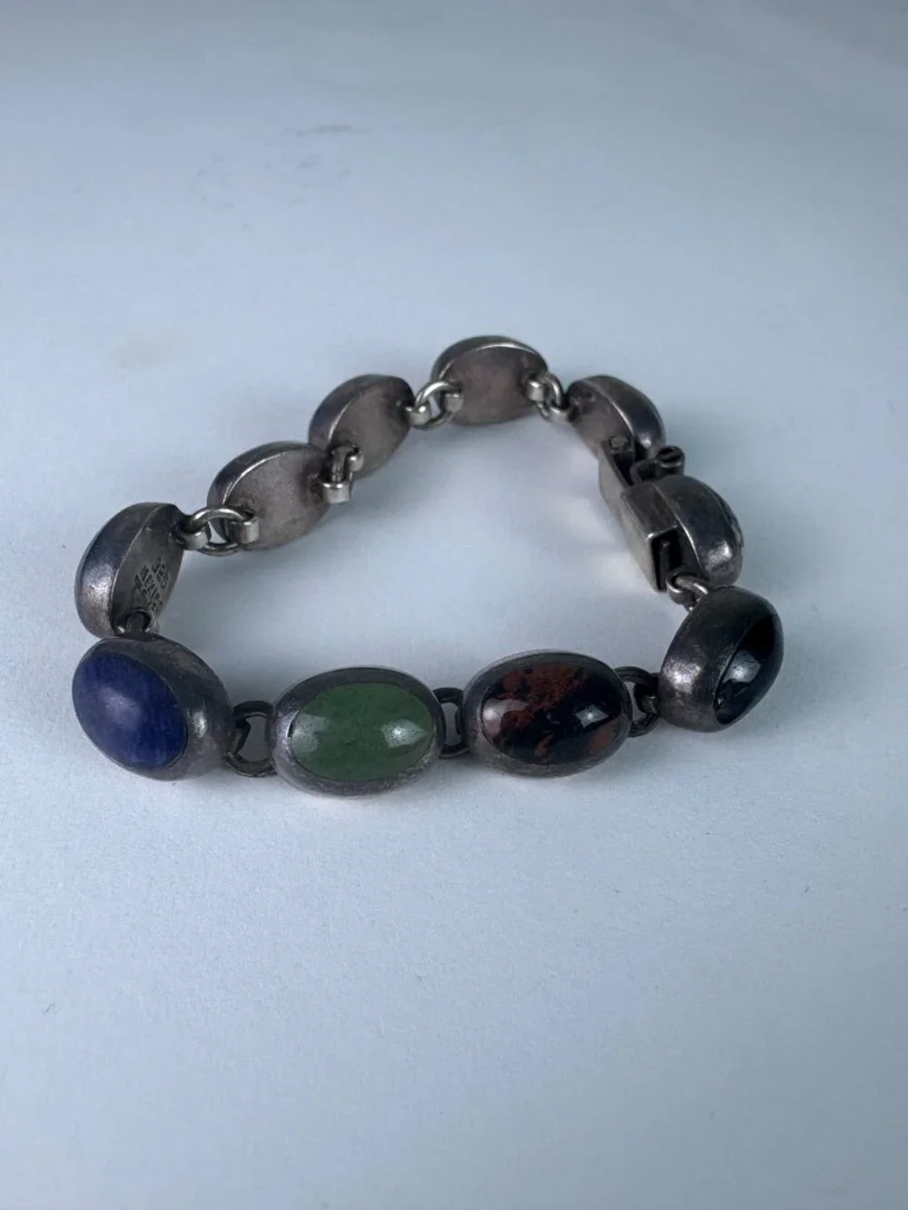 Vintage Taxco Mexico 925 Sterling Silver Multi-Stone Link Bracelet | Lapis